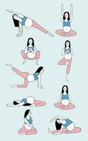 conjunto de yoga poses para embarazada mujer. niña en diferente asanas mano dibujado vector ilustración.