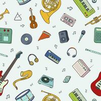 Seamless pattern with various musical instruments, symbols, objects and elements. Colorful illustration. vector