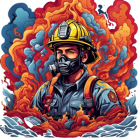 Firefighter in fire. Fireman in a gas mask and helmet. AI Generative. png