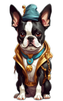 uma fofa boston terrier dentro uma Jaqueta e uma boina. ai generativo png