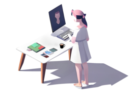 Vector isometric illustration of a young woman working at the computer. AI Generative. png