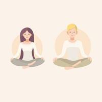 Young woman and man couple meditating in lotus pose. Relaxation, isolated people illustration. vector