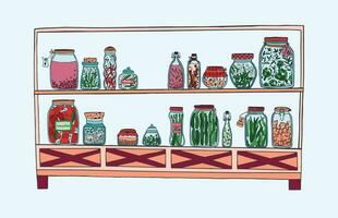 Rack with pickled jars with vegetables, fruits, herbs and berries on shelves. Autumn marinated food. Colorful Illustration. vector