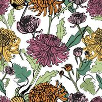 Japanese chrysanthemum hand drawn seamless pattern with buds, flowers, leaves. Colorful vintage style illustration. vector