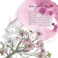 Hand drawn spring background with blooming sakura, japanese house and watercolor stain. Design template with place for text. vector