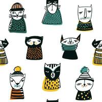 Seamless pattern with funny cartoon cats muzzles. Hand drawn doodle kitty on white background. vector