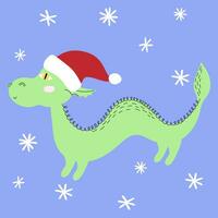Green dragon symbol of 2024 with christmas santa hat. Holiday postcard. Chinese New Year vector