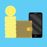 Mobile account replenishment. Telephone transaction, gold coins money, vector illustration