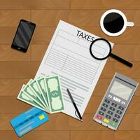 Business table with coffee and tax form. Vector illustration