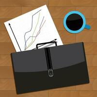 Business accessories on desktop. Vector wallet and cup of coffee, illustration of glasses and briefcase