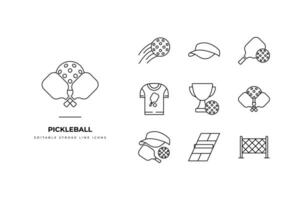 Set of pickleball equipment Icons. Simple line art and silhouette style icons pack. vector