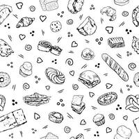 Bakery items black and white pattern with doodle elements vector