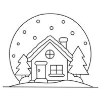 christmas house with snow and trees coloring page vector