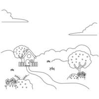 a coloring page with a house and trees vector