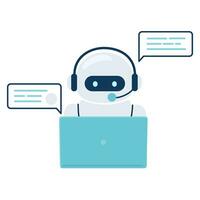 Digital chat bot, robot assistant for customer support. Concept of virtual conversation assistant for getting help. Robot is working on a laptop. Vector illustration isolated on white background.