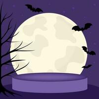 Happy Halloween. Halloween concept with bats, moon, cast and stage podium on black background. Vector illustration design template for banner or poster.