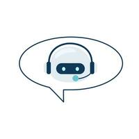 Digital chat bot, robot assistant for customer support. Concept of virtual conversation assistant for getting help. Robot head in a speech bubble. Vector illustration isolated on white background.