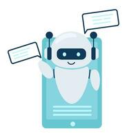 Digital chat bot, robot assistant for customer support. Concept of virtual conversation assistant for getting help. Vector illustration isolated on white background.