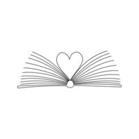 Outline doodle open book with pages folded in shape of heart. Symbol of knowledge, learning, reading, literature. A concept for book lovers. Hand drawn black white isolated vector illustration.