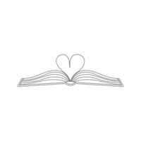 Outline doodle open book with pages folded in shape of heart. Symbol of knowledge, learning, reading, literature. A concept for book lovers. Hand drawn black white isolated vector illustration.