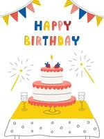 Birthday card with cake on a table with tablecloth, wine glasses, flags, sparklers and hand drawn words Happy birthday. Bright color greeting card in flat cartoon style. Vector illustration on white.