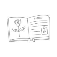 Doodle hand drawn herbarium with a flower, sticker and bookmark. Encyclopedia, open book with botanical illustration. Black and white outline vector decorative element isolated on a white background.