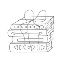 A stack of books. A pile of textbooks tied with a rope. Doodle hand drawn various books for reading, learning, education. Outline black and white vector illustration isolated on a white background