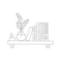 Hand drawn shelf with books, candle and vase with abstract twigs with leaves. Home decor, interior. Doodle books with a pattern. Black and white doodle vector illustration isolated on white