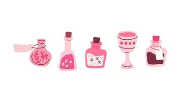 Vector set of pink goblets, witch potion bottles on white. Wizard bottle with elixir. School of magic accessories set.