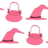 Pink Halloween pattern on white. Witch cauldron, witch hat. Wizard pattern vector