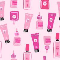 Seamless pattern of stylish perfume bottles, cremes and serums in hand drawn style. Skin beauty routine pattern. vector