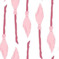 Witch seamless pattern. Elements for witches at school of magic in doodle style on white background - pink flying brooms for girls. Minimalistic Halloween pattern on white background vector