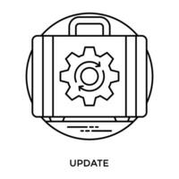 Modern briefcase stamped with gear sign having inversing arrows implying business update icon vector