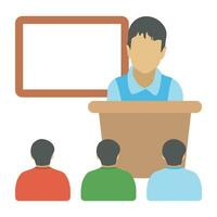 A school teacher standing in front of students, giving lecture vector