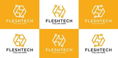 set logo design inspiration line hexagon with flash technology style vector