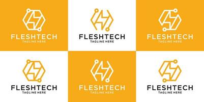 set logo design inspiration line hexagon with flash technology style vector