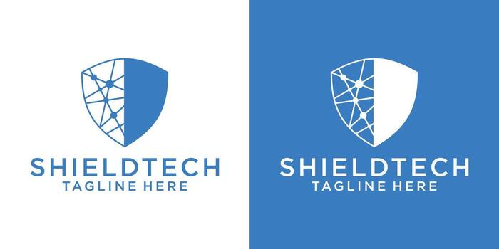 logo design shield and connection network technology icon vector illustration