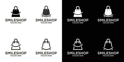 logo diseño bolso tienda con sonrisa contento sencillo conjunto modelo vector