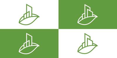 logo design elements of a building combined with leaves and made in line style vector