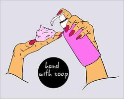 beautiful female hands with white foam mousse applied. bottle of shampoo. woman's hand takes white foaming mousse from an unbranded pump bottle. no branded cleanser. hand with soap bubbles. vector