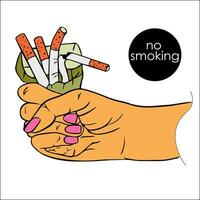 An open, crumpled pack of cigarettes in his hand, one cigarette crushed or crumbled. quit smoking with fist with crushed pack of cigarettes. quitting smoking. vector