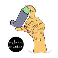 Female hand holds asthma inhaler in close-up.woman treating asthma with inhaler. concept of chronic lung diseases. World Asthma Day. vector