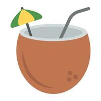 Frosty coconut drink with straw  and cocktail umbrella vector