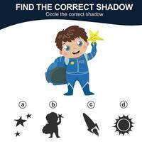 Find the correct shadow. Match the image with the shadow. Worksheet for kid. Educational printable worksheet. Simple gaming level for preschool kids. Vector illustration.