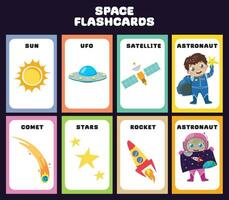 Space exploration and the solar system flashcards for kids learning about planets, solar system, and space. Vector illustrations of space things. Printable vector file.