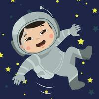 Clipart of cute astronaut boy floating on the space with dark blue sky and stars as background. vector