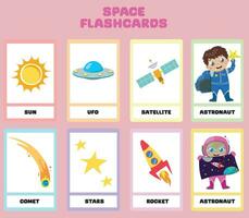 Space exploration and the solar system flashcards for kids learning about planets, solar system, and space. Vector illustrations of space things. Printable vector file.