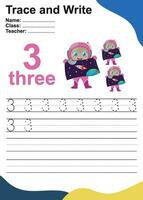 Trace and write number for children. Exercise for children to recognize the number. Educational worksheet for preschool. Vector file.