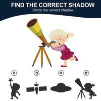 Find the correct shadow. Match the image with the shadow. Worksheet for kid. Educational printable worksheet. Simple gaming level for preschool kids. Vector illustration.