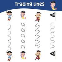 Tracing lines activity for children. Tracing worksheet for kids. Educational printable worksheet. Vector illustration